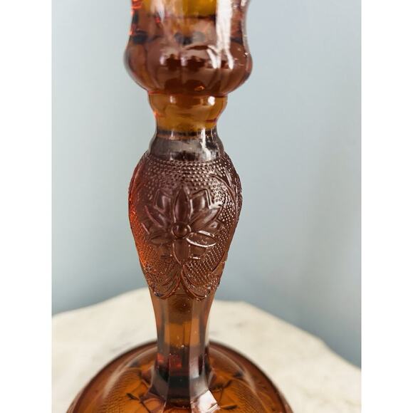 Vintage 8.5” T Tierra Amber Brown Press Cut Glass Candlestick Holder Home Decor - Picture 9 of 16